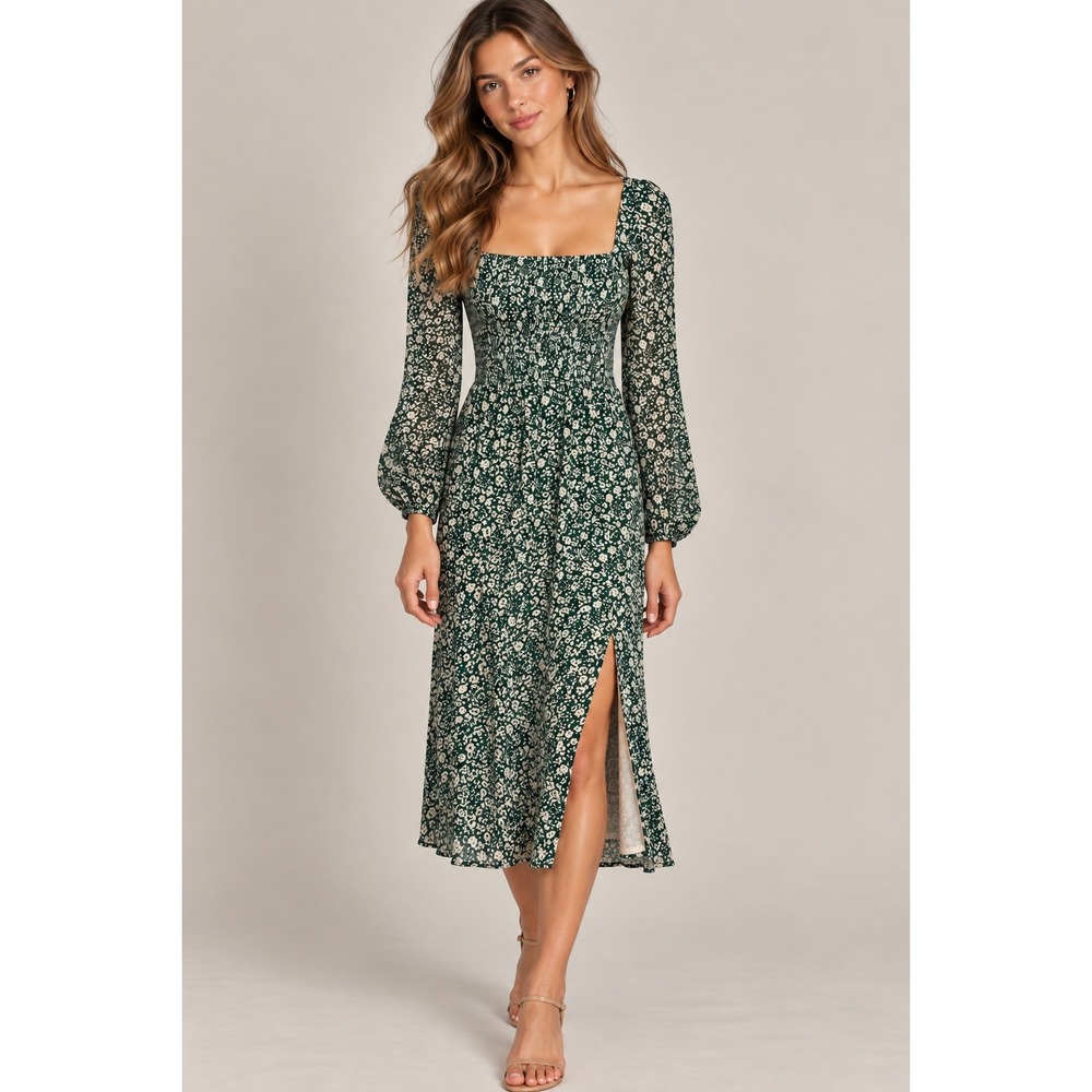 o.p.t Green Floral Midi Cottagecore Smocked Dress, XL